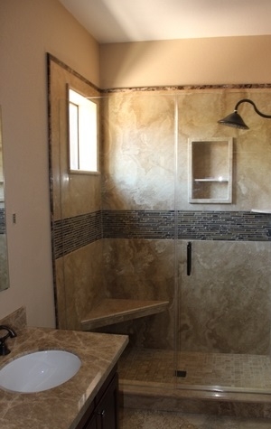 Walnut Travertine Cross Cut Bathroom, Walnut Cross Cut Beige Travertine Bath Design